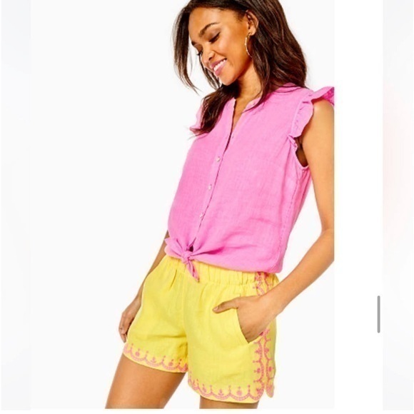 Lilly Pulitzer 4Laryn Linen Short Calla Yellow w/ PINK Embroidery NWT Sz M